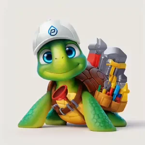 Sunny, the group's sea turtle mascot, in a white cap with a red plunger and a tool belt